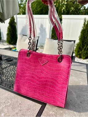 Pink Croc-Embossed Tote Shoulder Bag